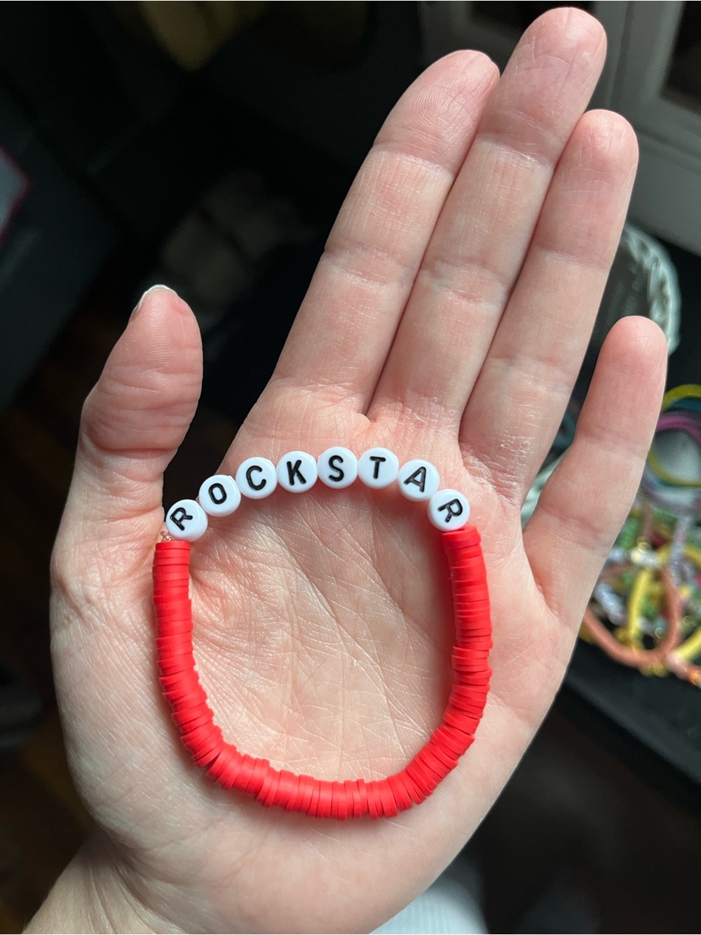 (1) Rockstar- Red- Post Malone Hand Crafted Beaded Letter Stackable Bracelets